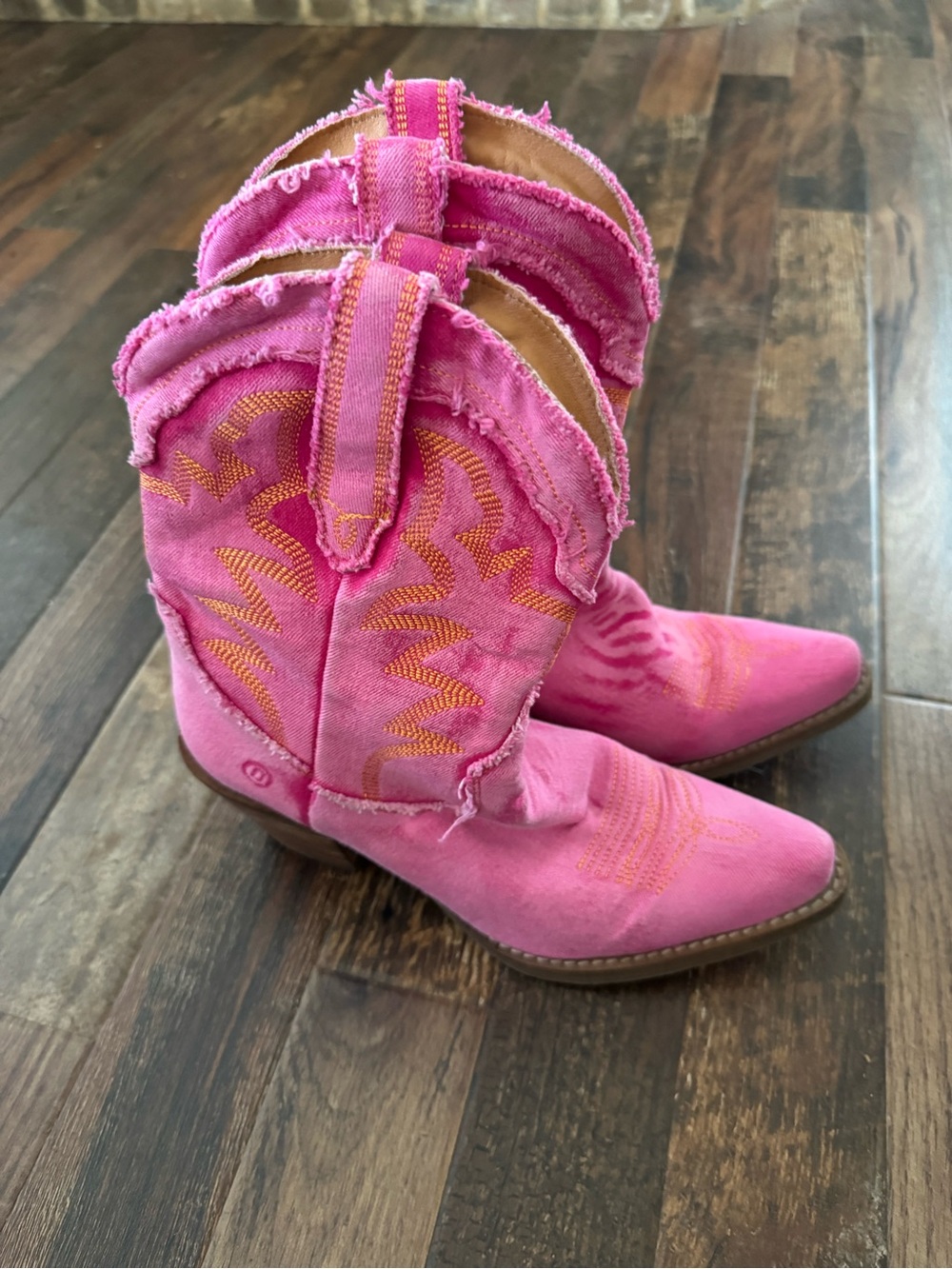 dingo Pink Frayed Western Boots with Orange Stitching